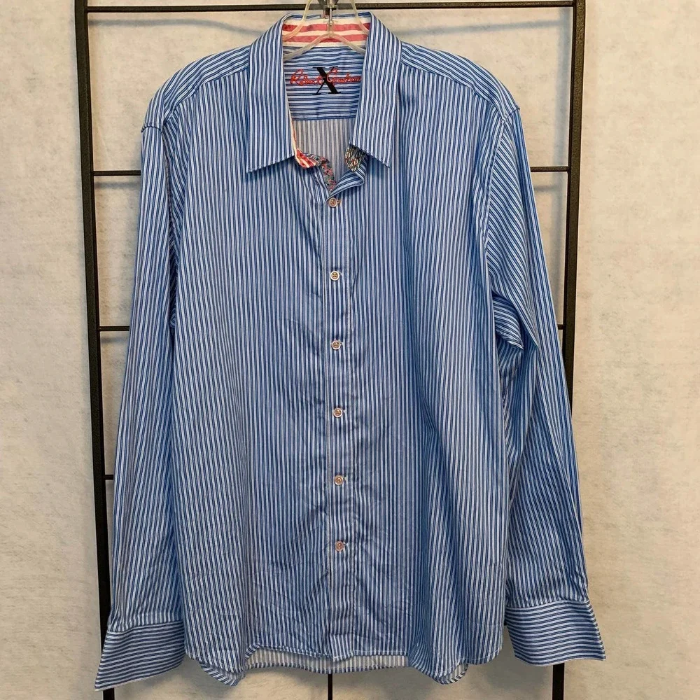 ROBERT GRAHAM Blue Stripe Button Down‎ Flip Cuff Dress Shirt Men's 2XL